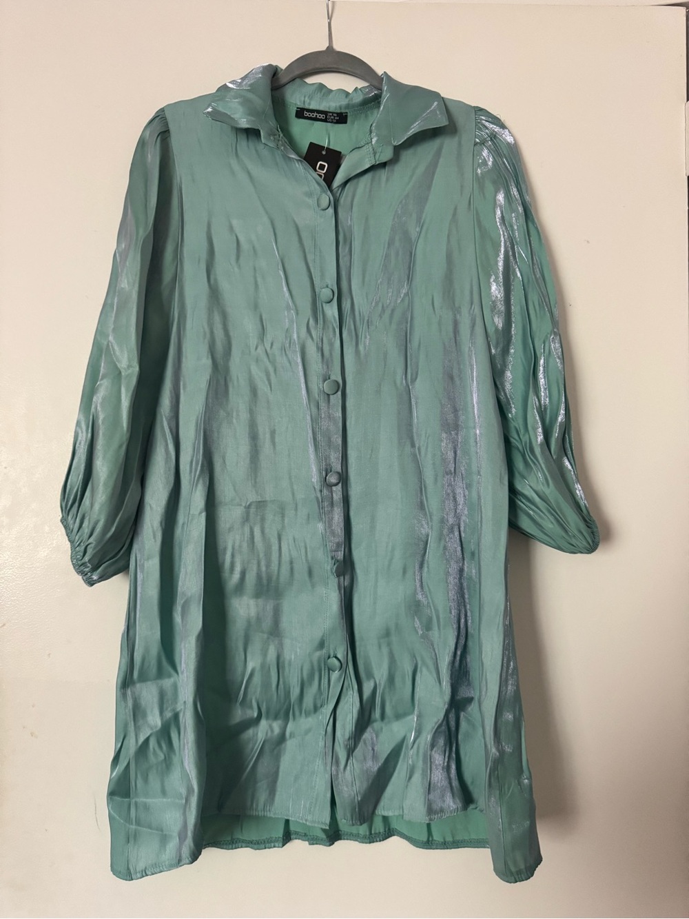 Boohoo Shimmery Mint Green Button-Up Tunic Dress